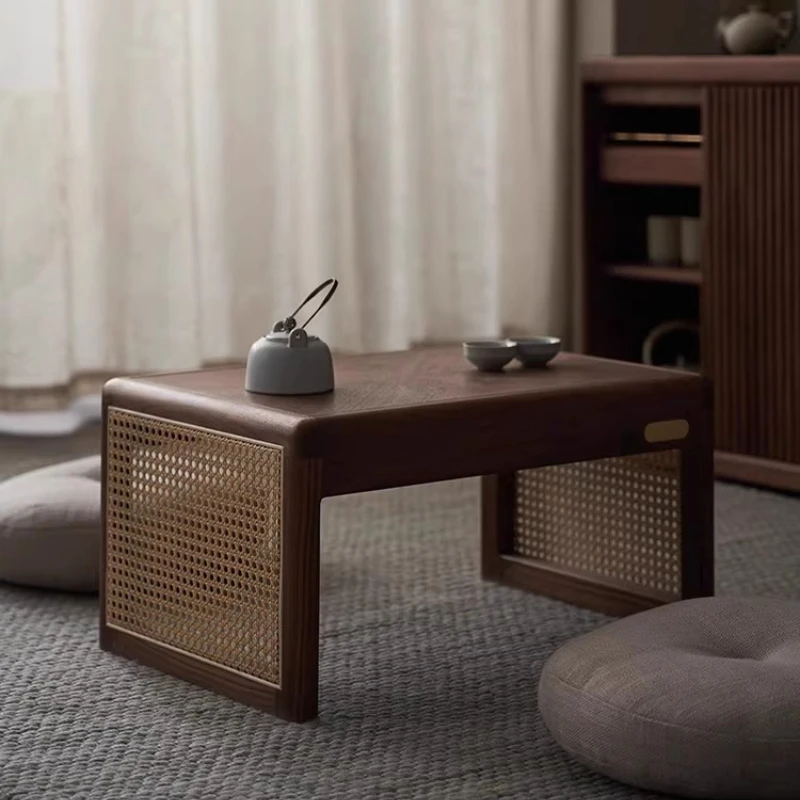 New Chinese original solid wood tatami sitting small coffee table household Japanese zen bay window sofa rattan short side table