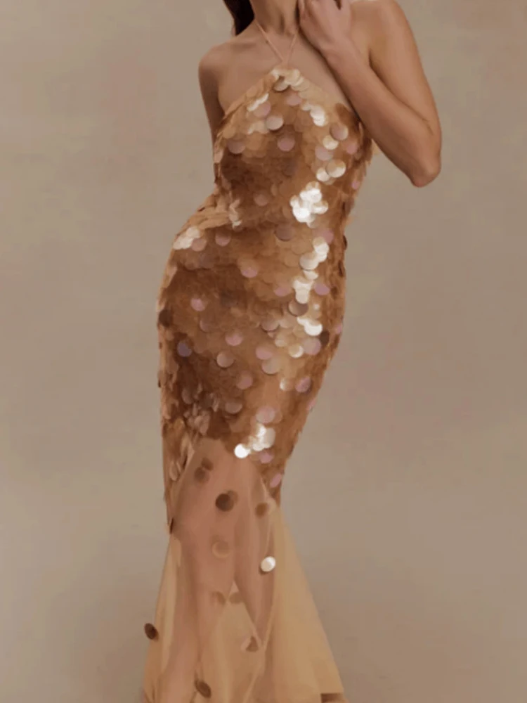 Elegante sem mangas lantejoulas magro vestido de festa moda feminina sem costas sólido vestido longo sexy halter malha emenda fishtail vestido