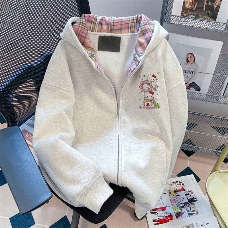 

Sanrio Hello Kitty women's Hoodie Pullover coat tops Jacket Cotton Petite Autumn Wear Cute Korean Style Color Block Patchwork