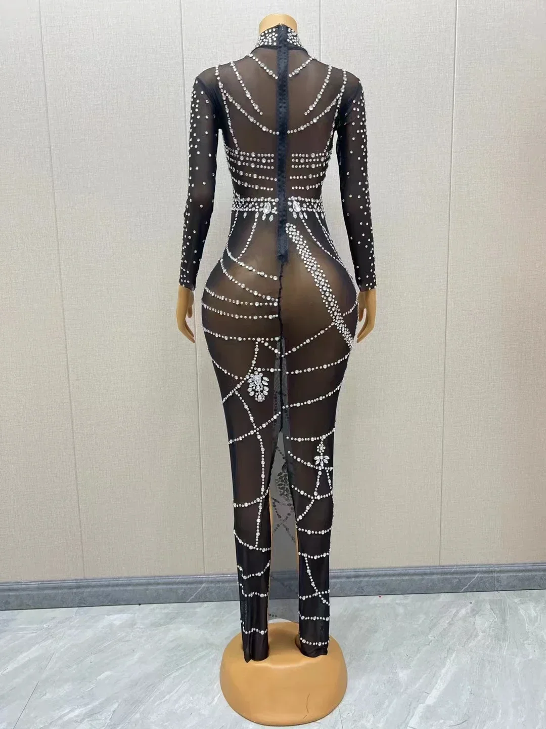 Women Long Dress Black Mesh Shiny Rhinestones Prom Party odycon Stretch Birthday Transparent Gown Singer Model Evening Costume