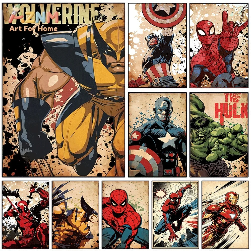 Retro Splash Ink Marvel Superhero Canvas Wall Print, Vintage Grunge Comic Hero Character Art Poster, Unframed Canvas Painting