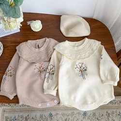 Autumn Newborn Baby Girl Romper Knit Ruffle Embroider Long Sleeve Jumpsuit Princess Infant Lace Romper Toddler Spring Clothing