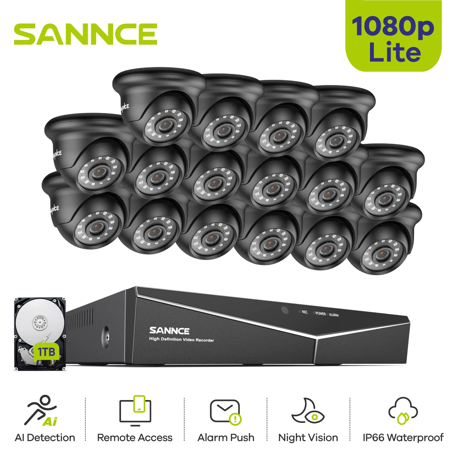 Sannce-ビデオセキュリティシステム,16チャンネル,1080p,DVR,屋外,防水,暗視,家庭用監視,CCTVキット,リモートアクセス