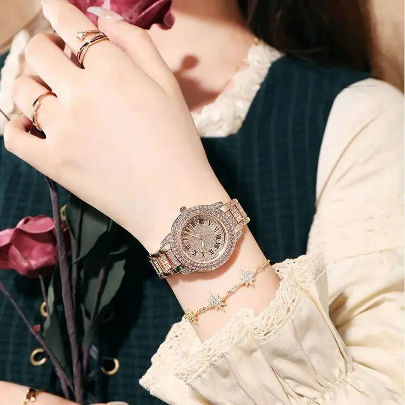 New rhinestone luxury wristwatch ladies full star steel chain watch fashion temperament  watch for women