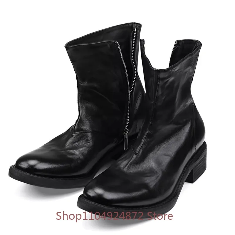 Luxury Designer Washed Genuine Leather Chelsea Boots Men's Shoes High-end Zipper Pointed Toe Casual Business Ankle Boots Male