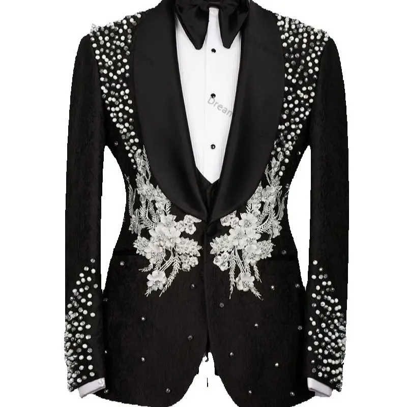 Crystals Floral Men Suits Set 2 Pieces Blazer+Pants Customized Formal Office Business Jacket Wedding Tuxedo Black Coat Trousers