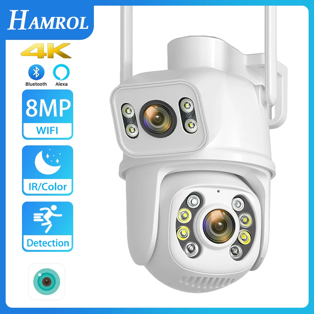 HAMROL 4K 8MP Wifi PTZ Camera Dual Lens 2MP NEW Dual Screen H.265 Nightvision Outdoor 4MP Wifi Surveillance Cameras ICSEE App