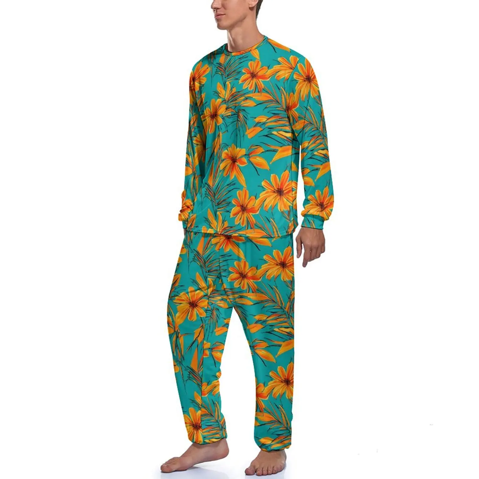 Tropical Floral Pajamas Male Orange Flowers Elegant Sleepwear Winter Long Sleeves 2 Pieces Casual Custom Pajama Sets