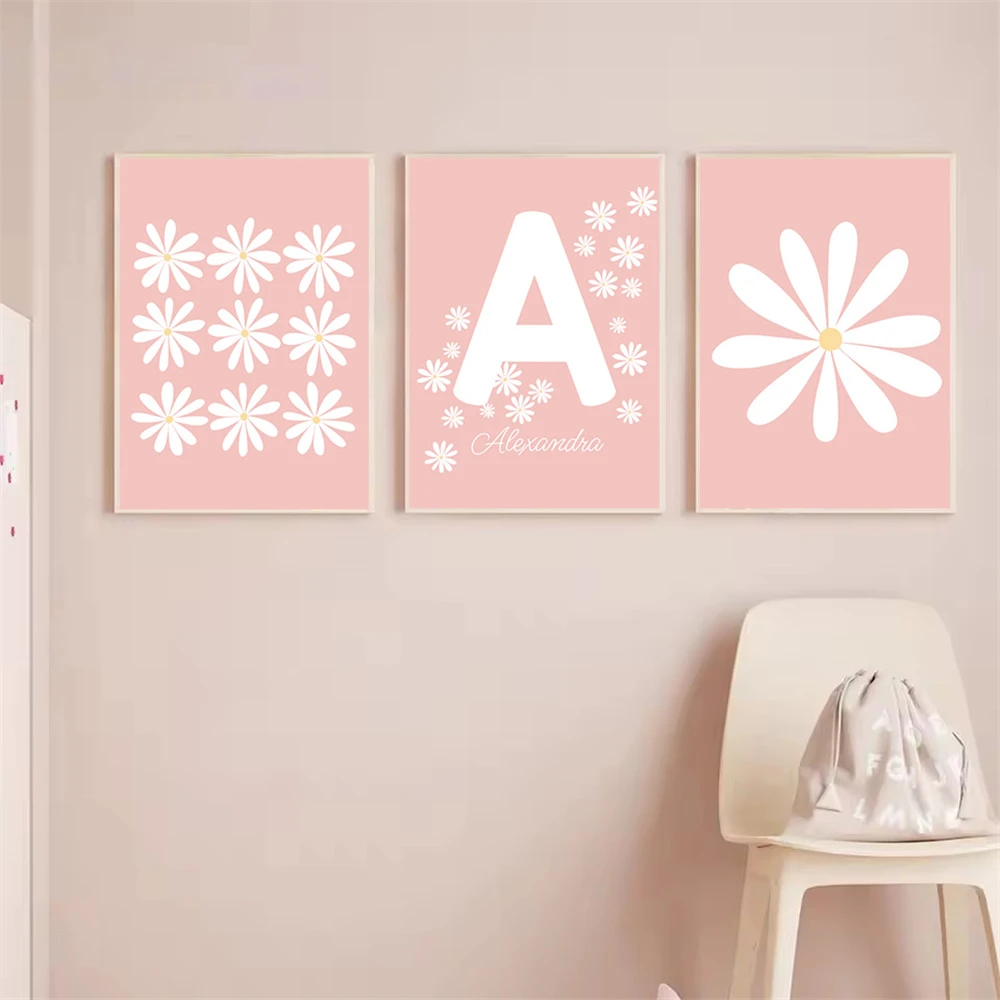 Cartoon Pink Custom Daisy Canvas Poster Personalized Name Wall Art Print Painting White Floral Nursery Pictures Girls Room Decor