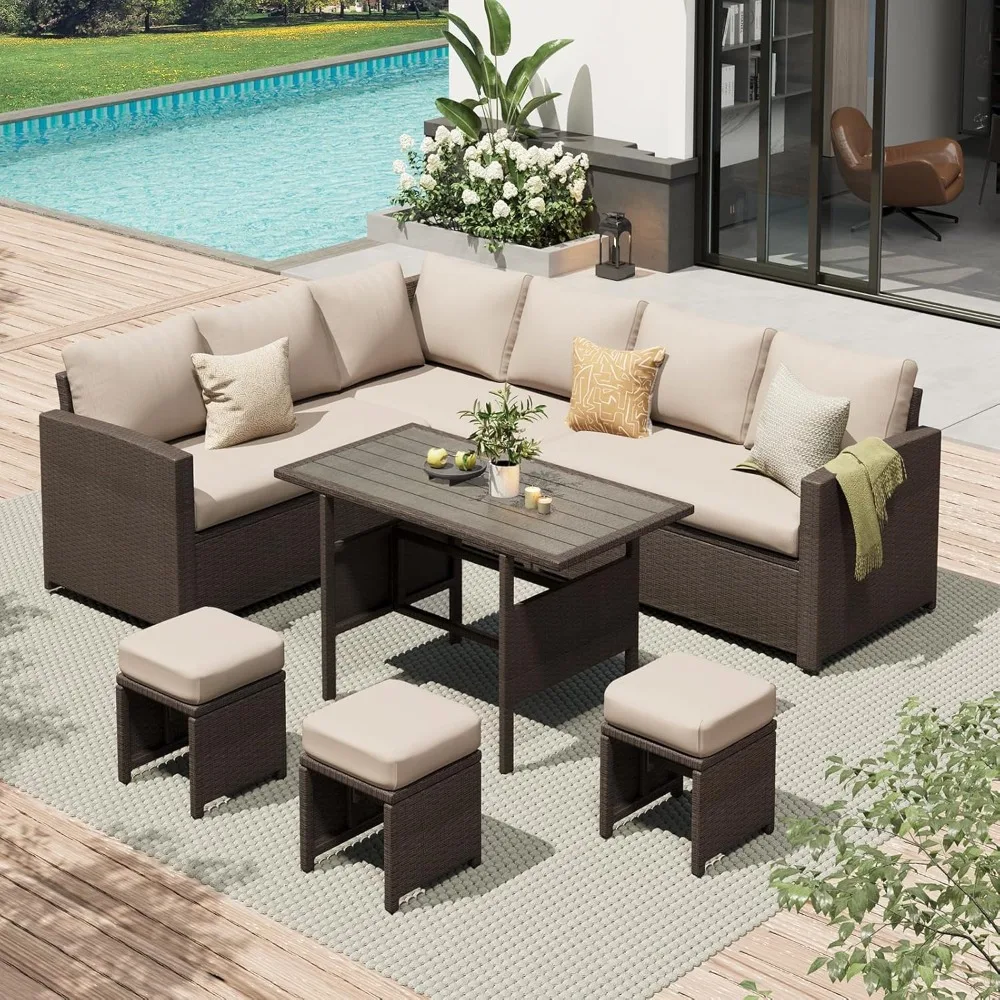 

Outdoor Patio Furniture Set, 7 Pieces Clearance Sectional Rattan Dining Table & Chairs, All Weather Wicker, Customized