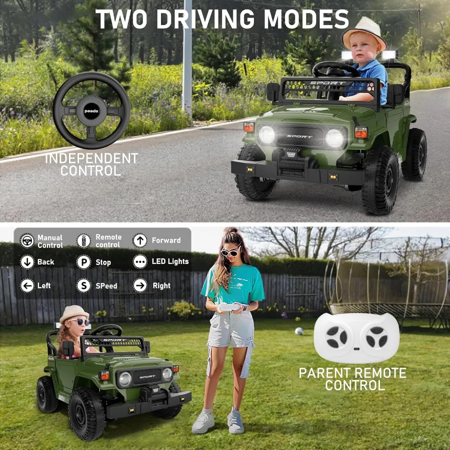 รถยนต์ไฟฟ้าสำหรับเด็กผู้ชาย ขับเคลื่อนด้วยแบตเตอรี่ 12V พร้อมรีโมทคอนโทรล รุ่น Jeep สำหรับเด็กอายุ 3-5 ปี พร้อมระบบกันสะเทือนแบบสปริง บลูทูธ เพลง และไฟ LED