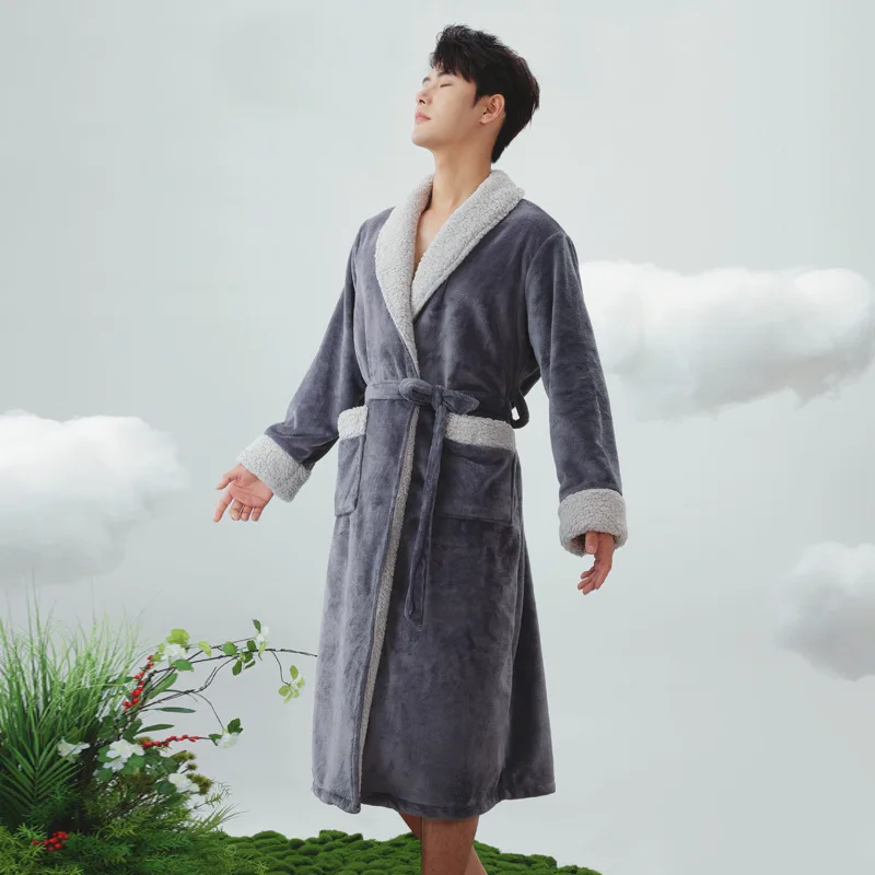 

Men Winter New Long Plus Size Warm Flannel Bathrobe ThickCoral Fleece Bath Robe Male Lounge Dressing Gown Loose Casual Sleepwear