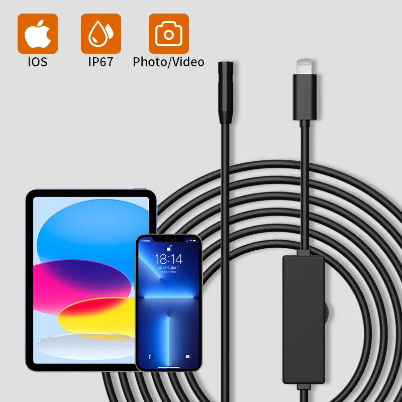 Industrial Endoscope Camera IP67 Waterproof 8MM Auto Repair Pipeline Inspection Borescope With 8 Adjustable LED For IOS