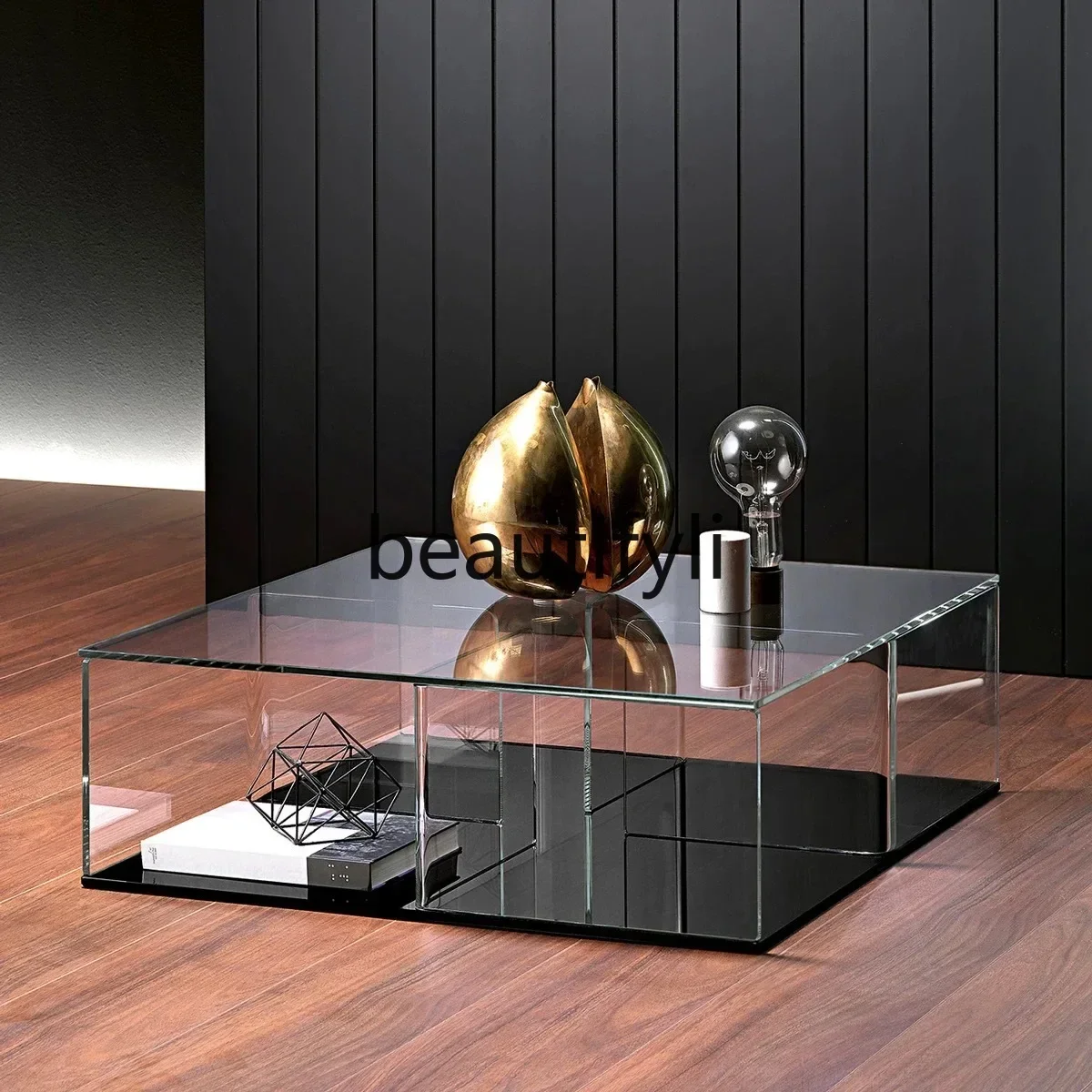 zqxItalian imported glass coffee table living room meeting square coffee table transparent creative low table simple