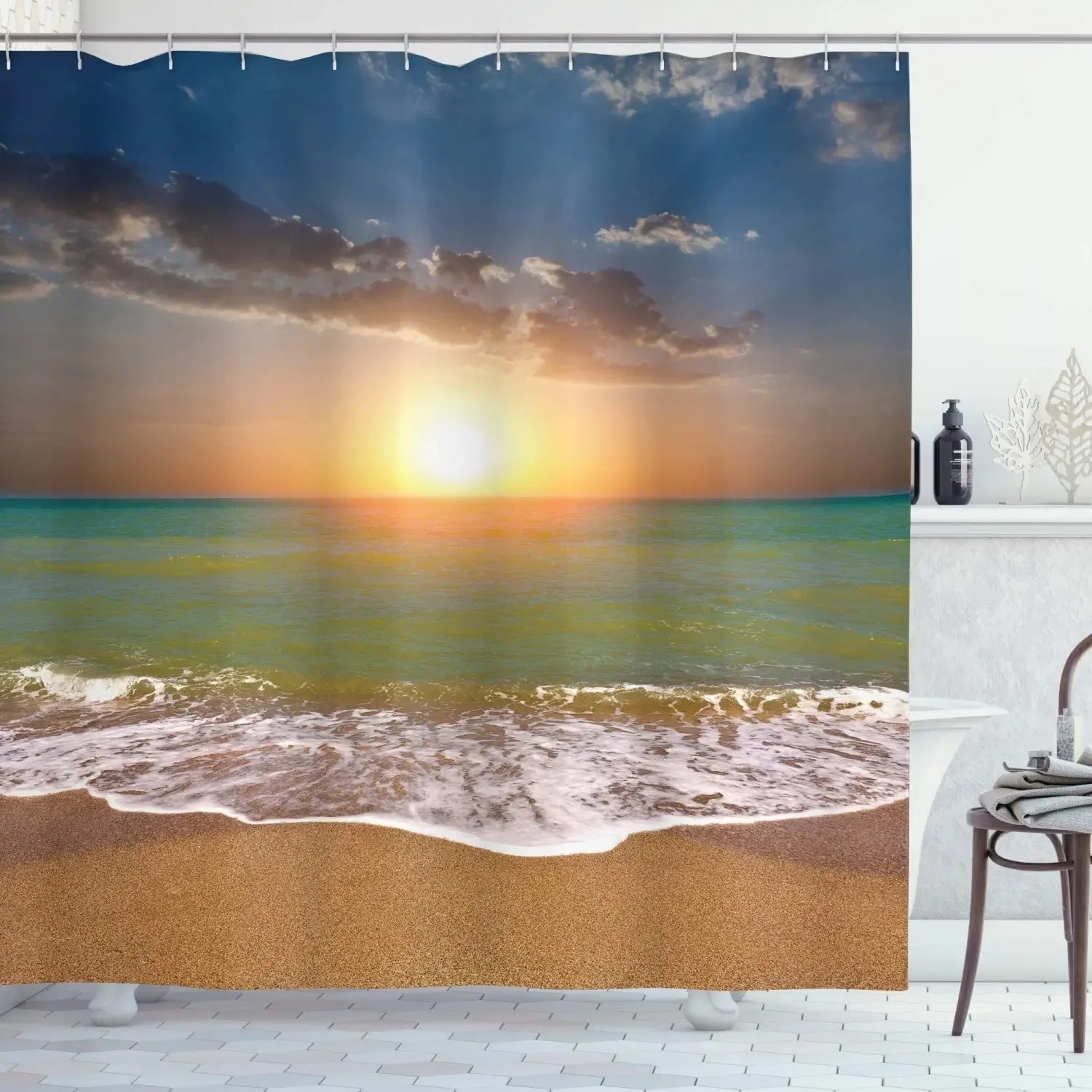 Sunset By Ho Me Lili Shower Curtain Idyllic Scenery At The Beach Dramatic Sky Setting Sun And Ocean Tranquil  Bathroom Decor