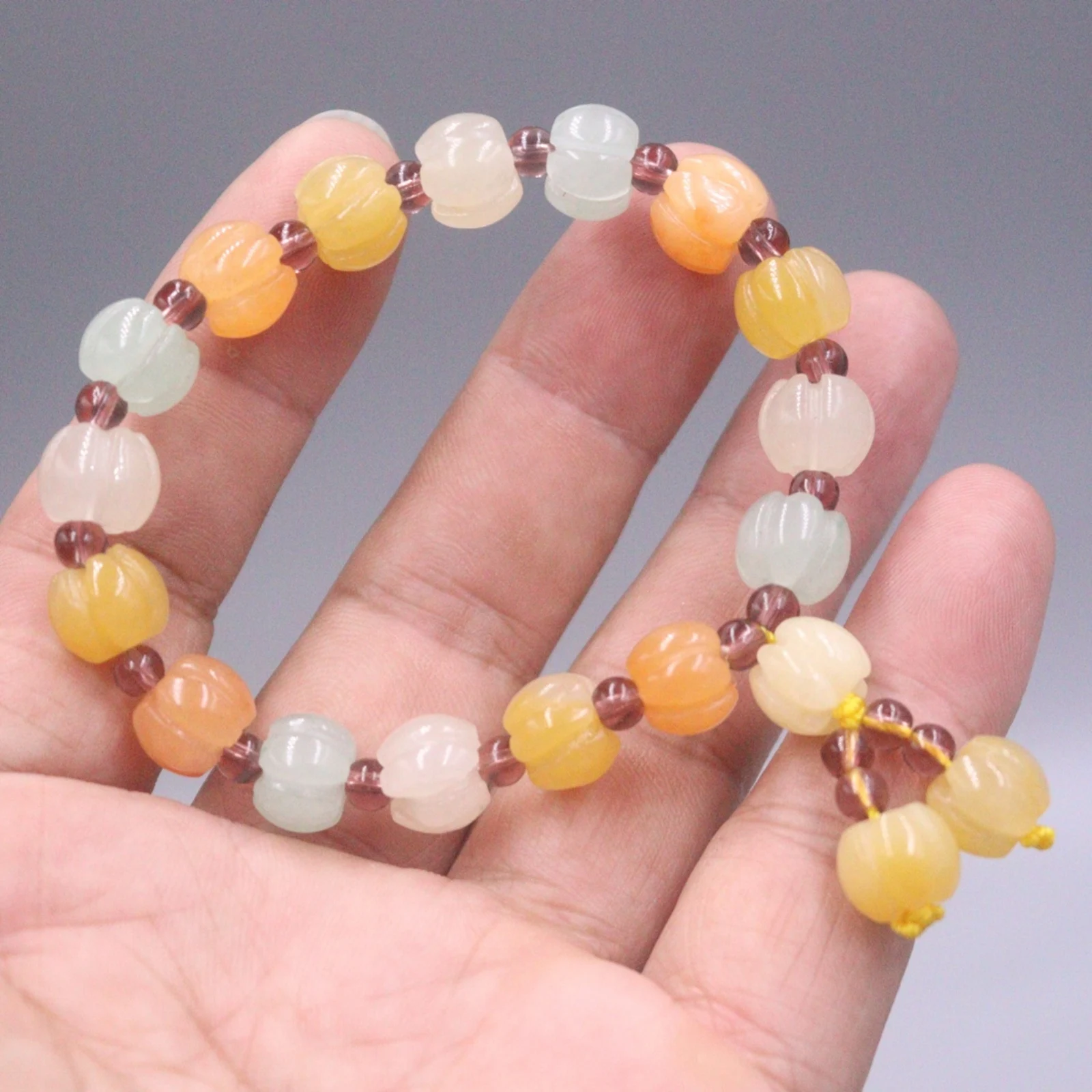 Natural Colorful Jade Lucky Men Women Gift 10mm Width Carved Pumpkin Beaded Bracelet