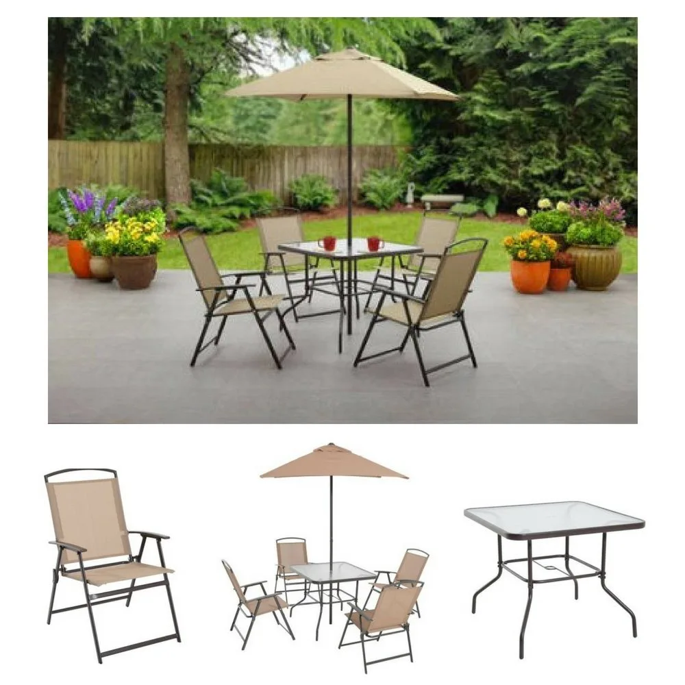 

Albany Lane 6-Piece Folding Dining Set By Mainstays, Patio Table, Chair, Umbrella, Set, Outdoor Decorations, (Tan)