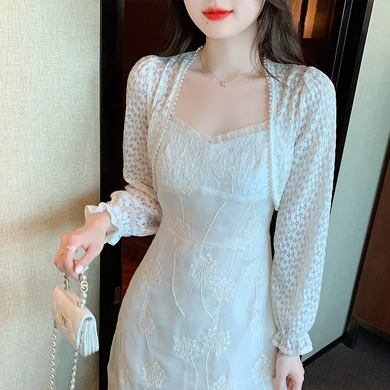 2024 Spring Summer Ladies Lace Shirts Sweet Long Flare Sleeve Beaded Collar Womens Short Cardigans Female Blouse Sunscreen Shirt