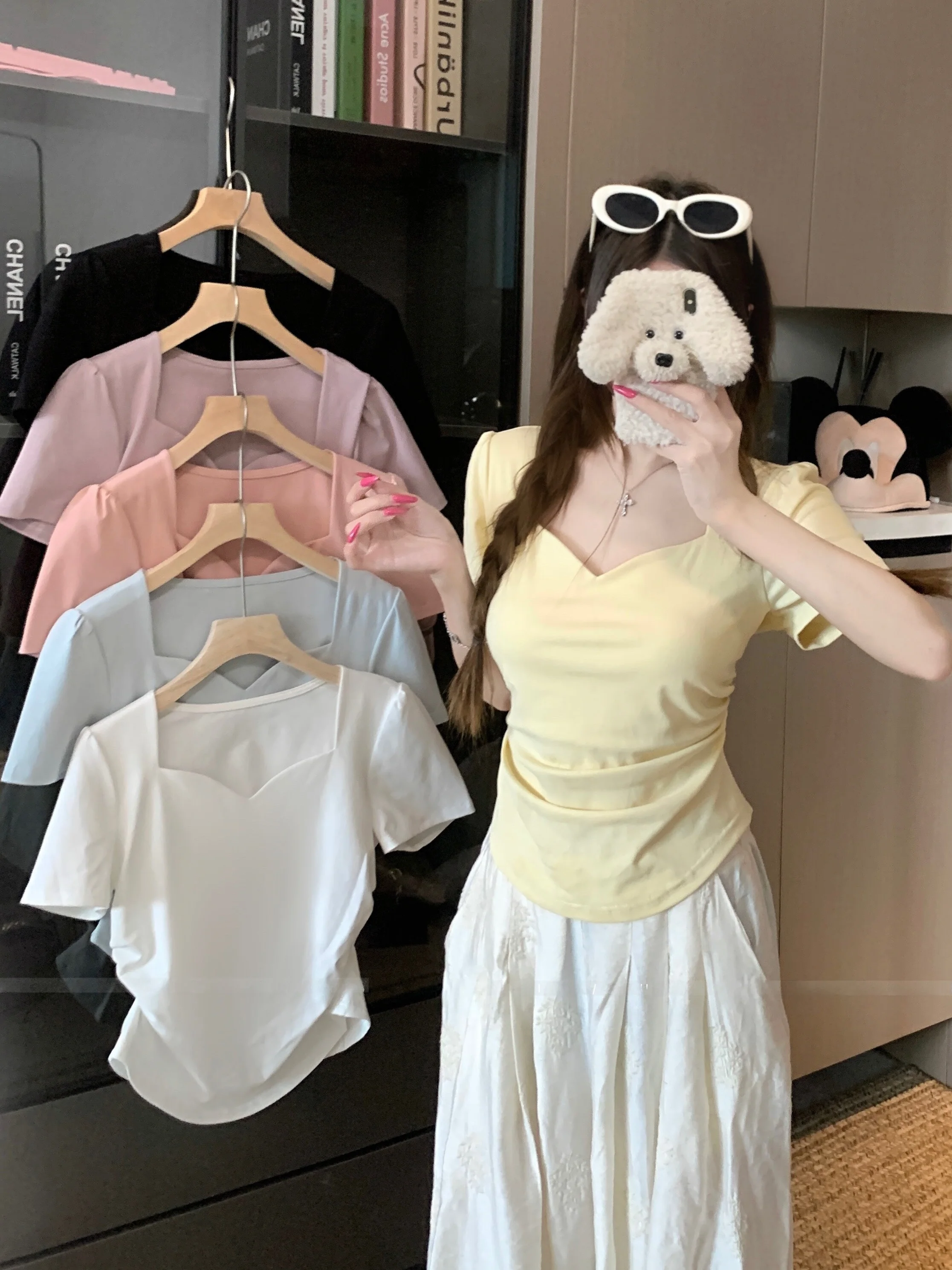 plus Size Women's Heart Collar Short Sleeve T-Shirt Slimming Bubble Sleeve Cover Belly Meat Concealing Top Korean Style Commute