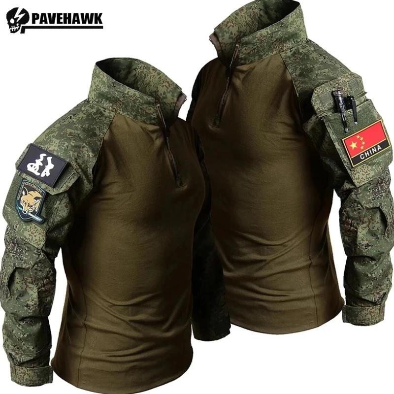 Mens Tactical T-shirt Camouflage Patchwork Outdoor Quick Drying Training Tops Half Zip Stand Collar Waterproof Hunting Pullover