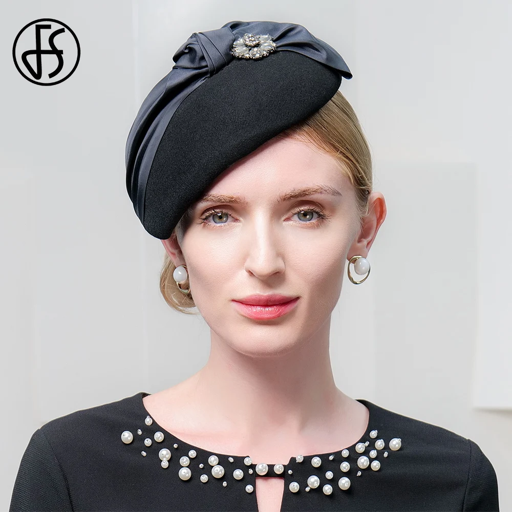 FS 2024 Elegant Beret Church Derby Hats For Women Wool Felt Cap Fascinators Ladies Cocktail Tea Party Fedoras Chapeau Femme