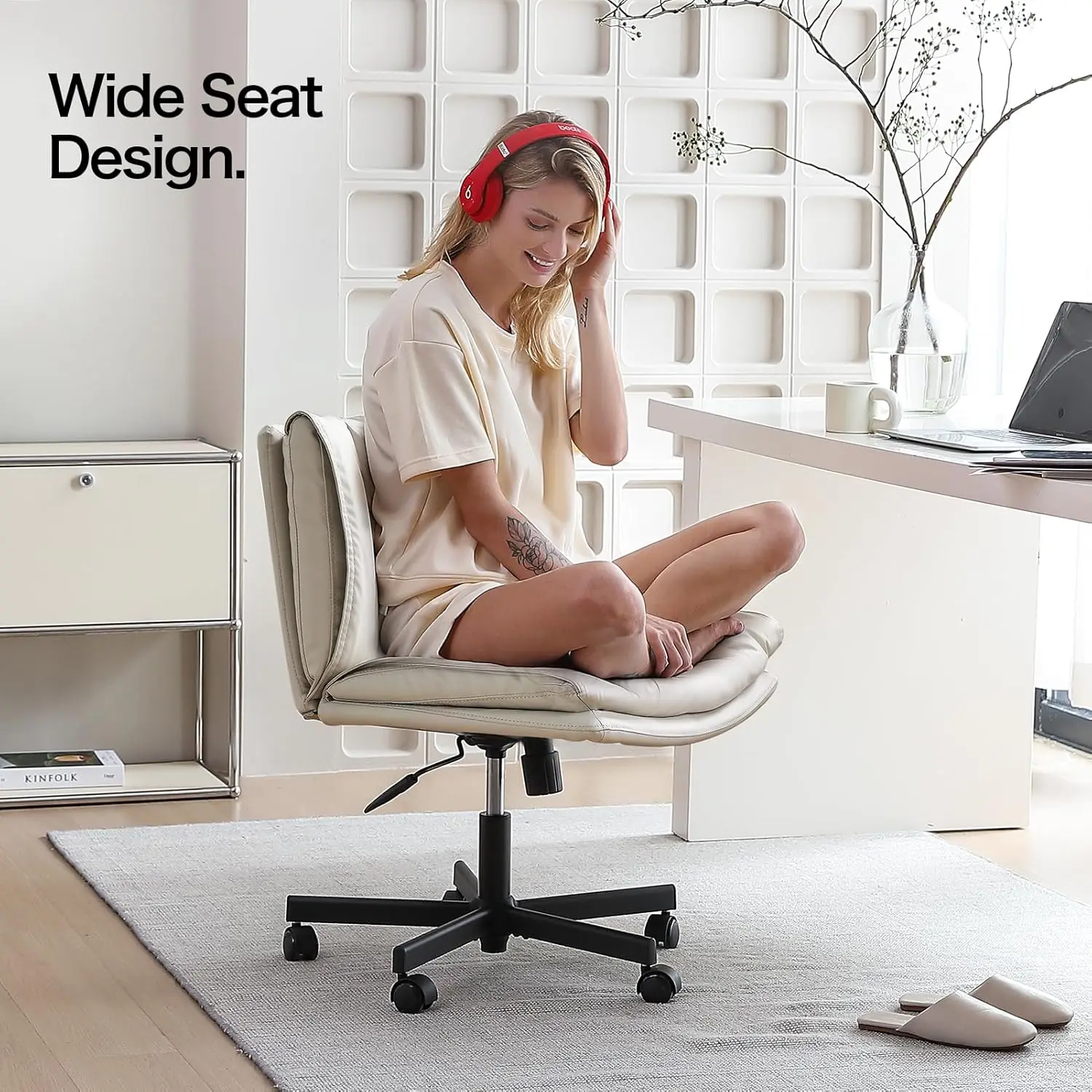 

Genuine Leather Armless Cross Legged Office Chair, Comfy Desk Chair, Modern Swivel Height Adjustable Computer Task Chair,