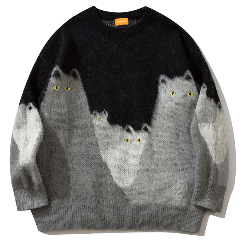 Fashion Mens Sweater Streetwear Harajuku Funny Knitted Cat Embroidery Eye Jumper 2023 Hip Hop Loose Pullover Sweaters Black Blue