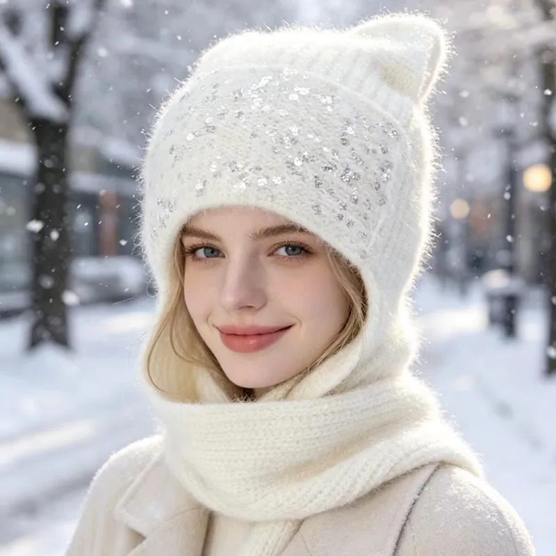 Women Sequin Cat Ear Knit Beanie Cap Scarf Integrated Winter Thick Faux Rabbit Fur Warm Earflap Cute Headwrap Cold Bomber Cap