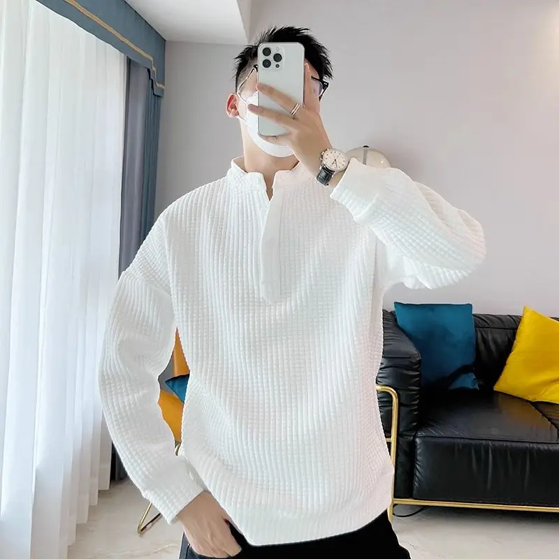 Korean Version Men's 2024 Autumn and Winter New Spliced O-Neck Button Fashion Solid Loose Versatile Casual Long Sleeved Sweatshi