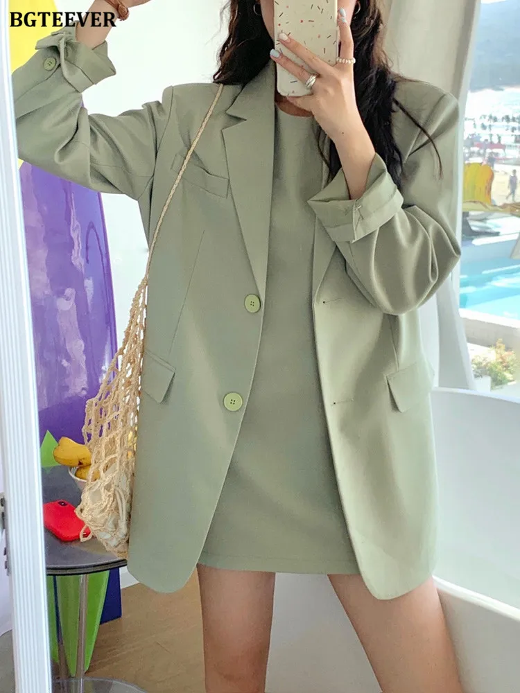 BGTEEVER Elegant Solid Women Blazer Set Long Sleeve Single-breasted Jacket & O-neck Sleeveless Short Dress Ladies Dress Suits