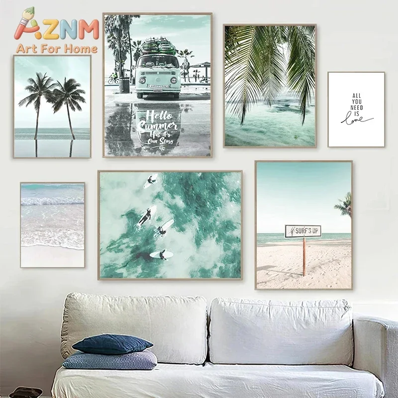 AZNM Summer Surfing Beach Canvas Wall Art Palm Tree Retro Bus Ocean Wave Inspirational Quote Print for Living Room Bedroom Home