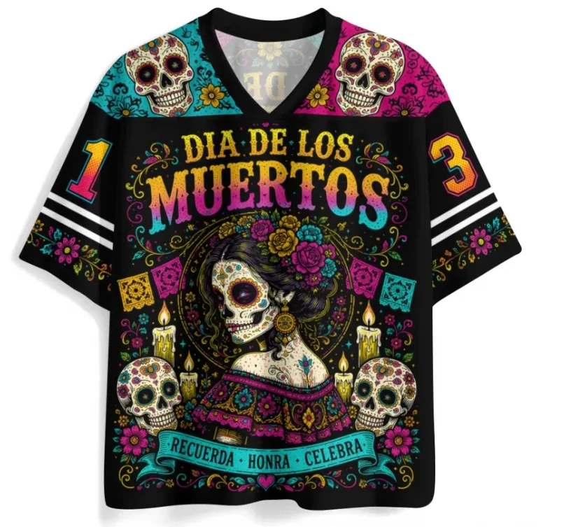 Day of The Dead V-neck Painted Sugar Skeleton Katrina Floral Print Short Sleeved Mexican Day of The Dead Loose Casual Top