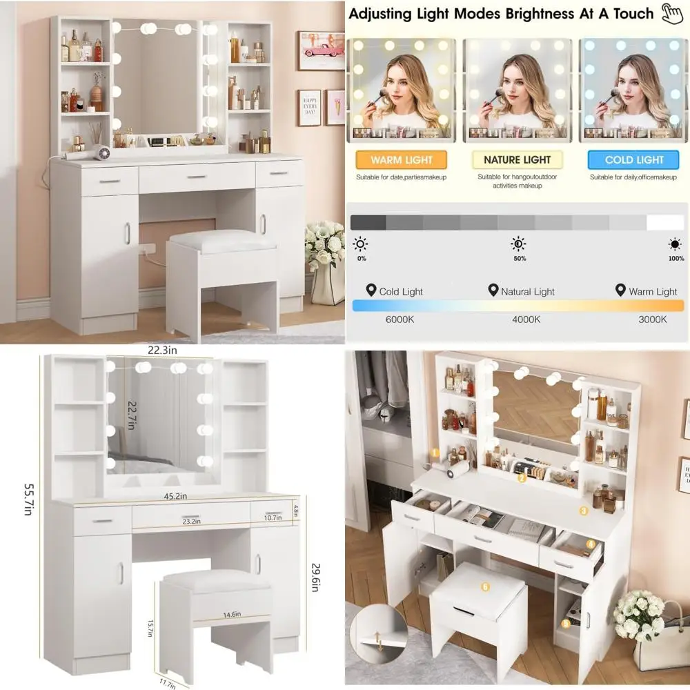 White LED Vanity Desk with 3 Color Options, Large Makeup Table with 3 Drawers and 2 Cabinets
