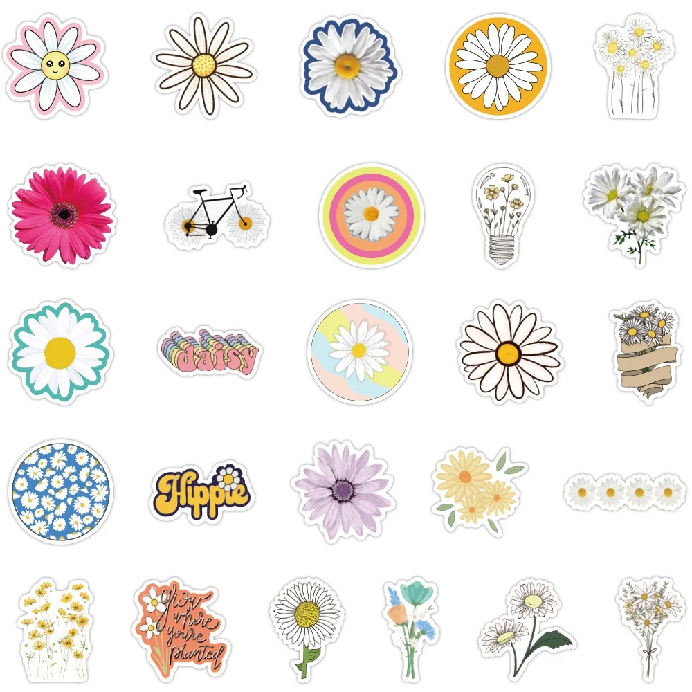 50pcs Aesthetic Daisy Flower Stickers Laptop Pad Phone Case Luggage Guitar Fridge Scrapbooking Graffiti Vinyl Sticker Gift Toy