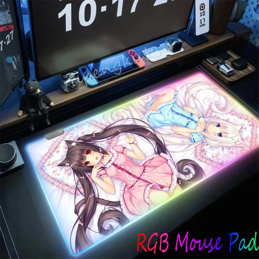 RGB Keyboard Laptop Computer Mat Escritorio Anime Nekopara Coconut LED RGB ESports games Uniform Sexy Girl Kawaii Big Mousepad