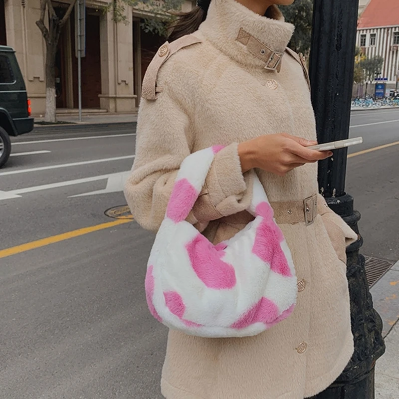 Fashion Plush Heart Pattern Shoulder Bag Women Autumn Winter Soft Furry Top Handle Bag Casual Large Capacity Handbag Daily Use