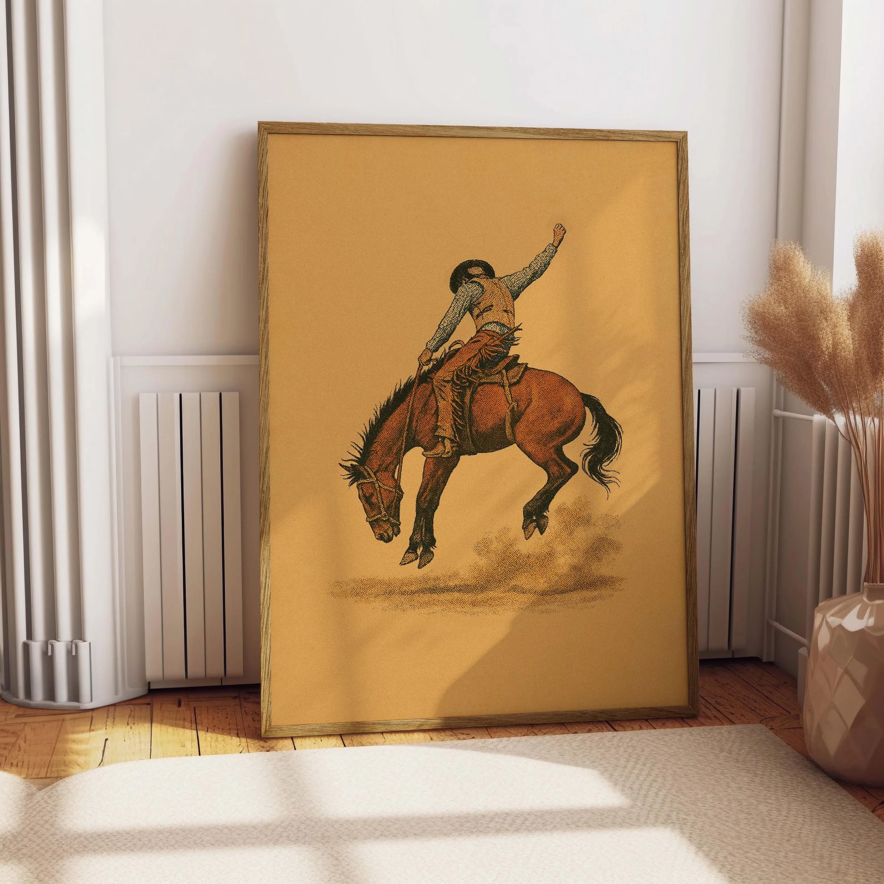 Vintage Cowboy Illustration Bucking Bronco Print Retro Rodeo Art Southwestern Boho Wall Art Riding Poster Horse Cowgirl Art