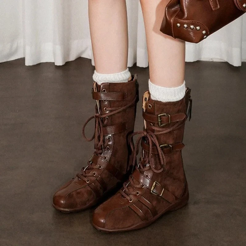 Women Vintage Patchwork Suede Cowhide Ankle Boots Lace Up Buckle Decor Back Zipper Fashion Boxing Boots Daily Street Footwear