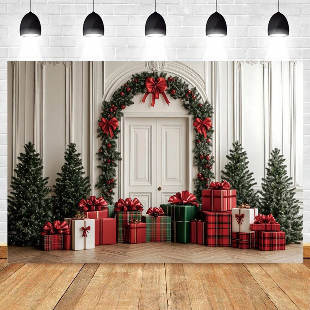 خلفيات عيد الميلاد الاحتفالية للصور الفوتوغرافية القوس الأحمر شجرة قوس الهدايا زينت الاطفال الأسرة صورة ديكور خلفية استوديو الصور