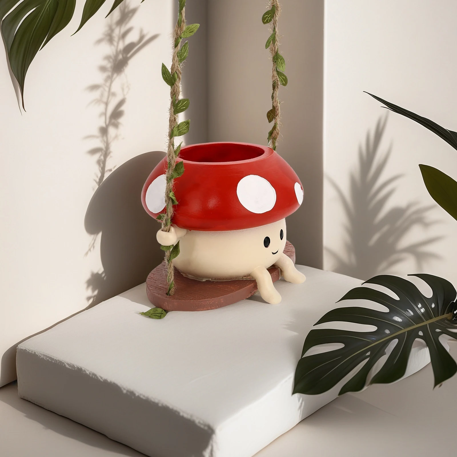 Hanging Succulent Planter Pot Cute Fun Mushroom Swing Face Planter Pot Resin Cartoon Mushroom Vase