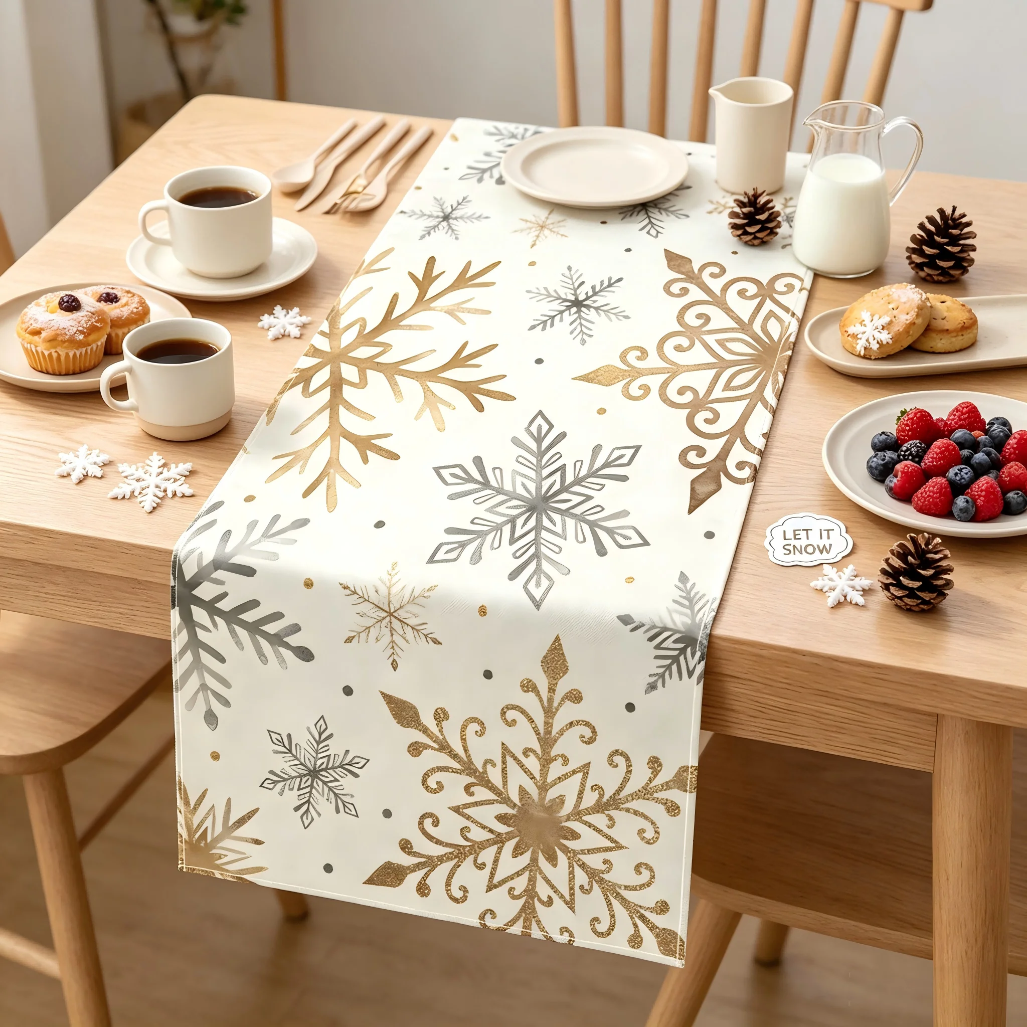 Winter Table Runner Snowflake Decorations White Gold Winter Runner for Table Seasonal Chriatmas Winter Holiday Decor