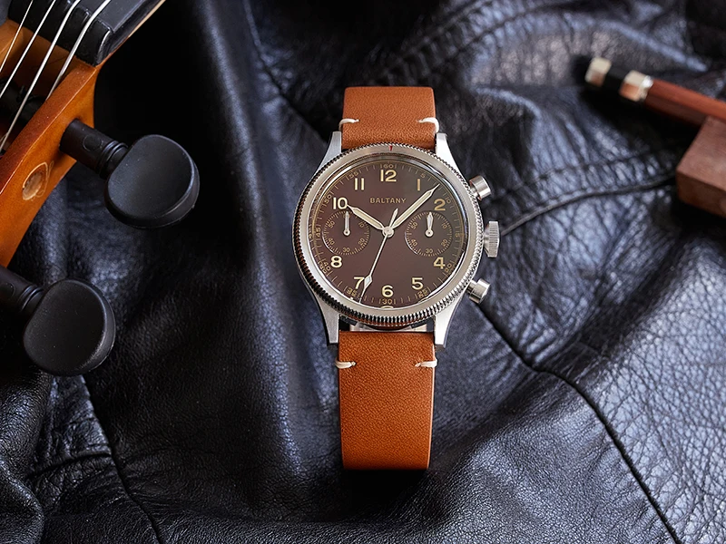 Baltany S5054 Pilot Chrono Quarzuhren, schnelles Zurücksetzen, drehbare Lünette, geriffelte Lünette, Vintage-Retro-Stil, Saphirglas mit Lume – Detail 5