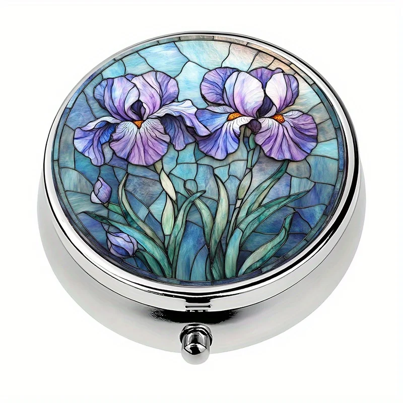 A three-compartment pill box, iris flower stained glass design, mini pill container, pill organizer, or decorative vitamin storage box for handbags