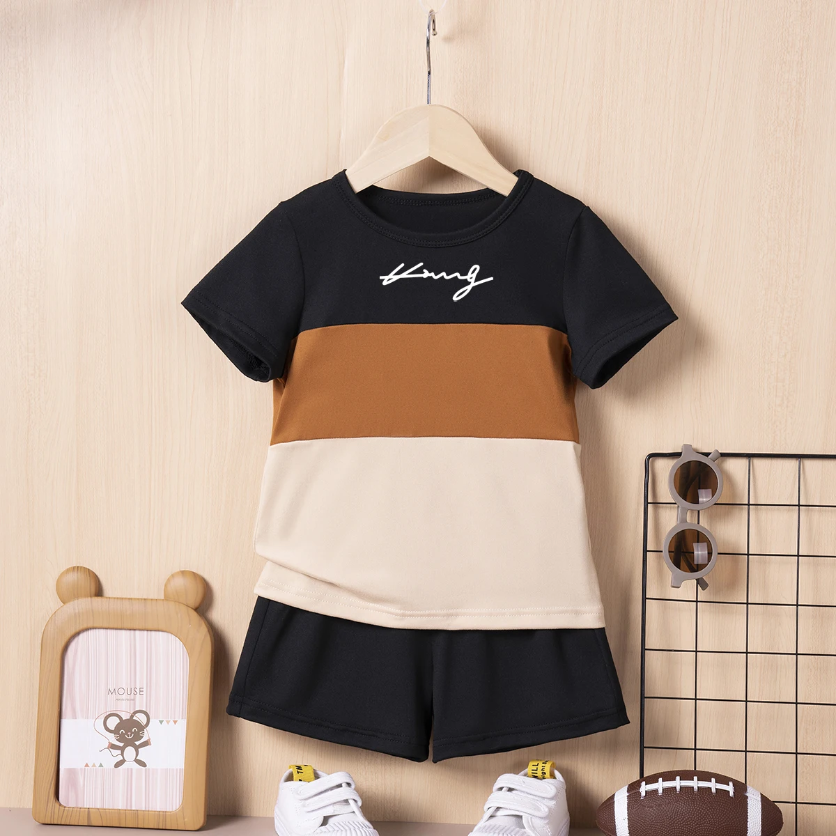 King Letter Printed Three Colors Patchwork Boys Summer Set Short Sleeve T-shirt and Shorts Comfortable Sport Suits  Kids Clothes