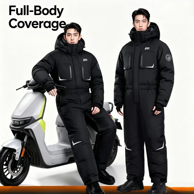 One‑Piece Winter Windproof Coverall, Thick Fleece Lined Thermal Riding Suit for Electric Scooter Motorcycle Outdoor Cold Weather