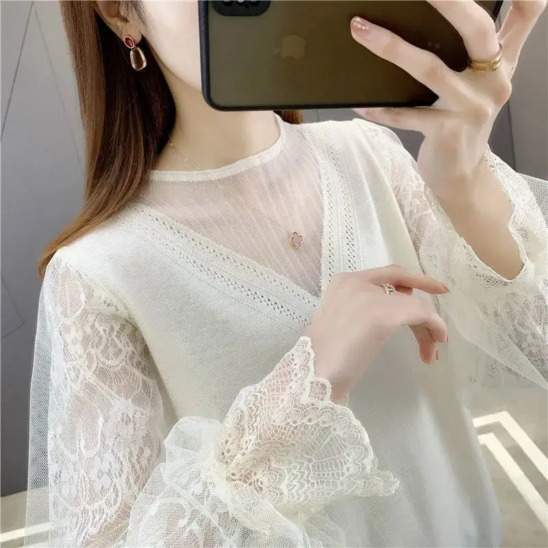 Fashion Gauze Lace Fake Two Pieces Princess Sleeve Blouses Female Clothing 2023.Autumn New Loose All-match Tops Sweet Shirts