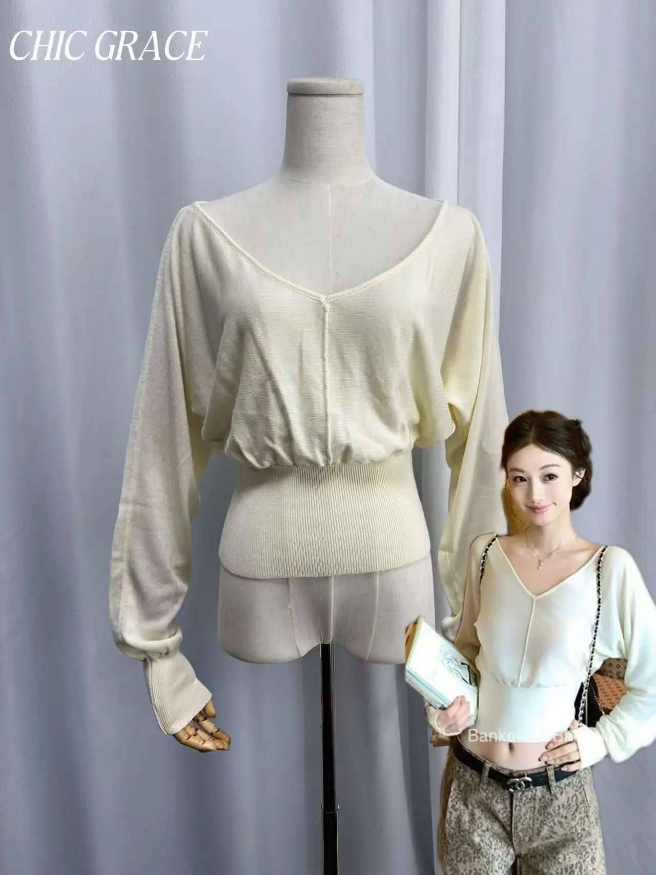 Real Shot Damen-Strickoberteil mit V-Ausschnitt und Fledermausärmeln, 100 % leicht, elegante Bluse, lässige Slim-Fit-Alltagskleidung für Damen