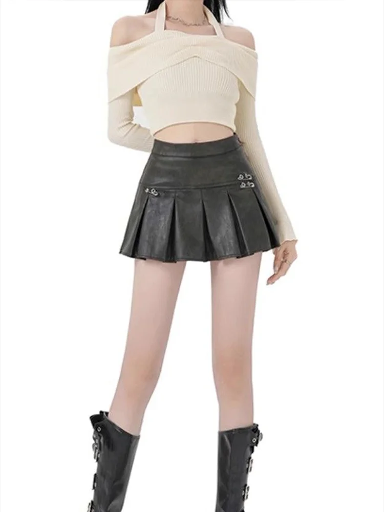 하라주쿠 고딕 Y2k 스커트 레트로 아메리칸 핫 걸 블랙 PU 가죽 플리츠 미니 스커트 슬림 피트 하이 웨이스트 새로운 다목적 스커트