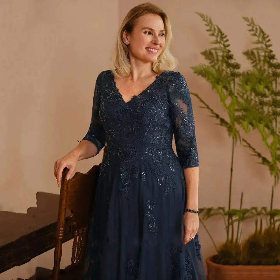 Vestido para madre de la novia, cuello en V, mangas 3/4, apliques de tul, línea A, azul marino, talla grande, vestido de invitados de boda personalizado