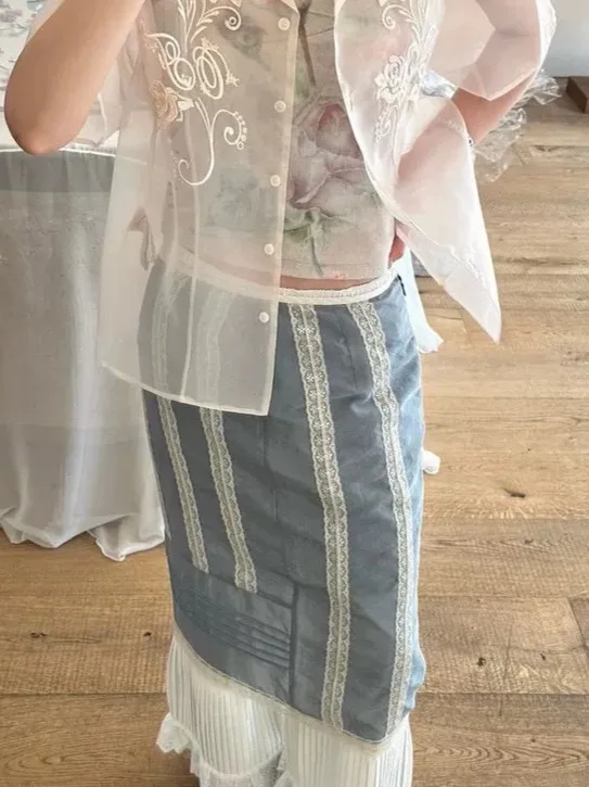 

High Waist Slimming Mid-Length Straight Denim Skirt Women's Lace Patchwork Half Skirt Fashionable Versatile Mid-Year Release